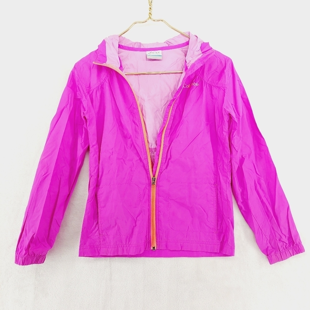 Columbia Pink Orange Zip Lightweight Zip Up Hooded Rain Coat P6238
